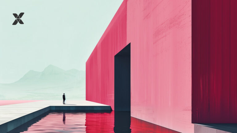 tiny figure standing in front of a pink house